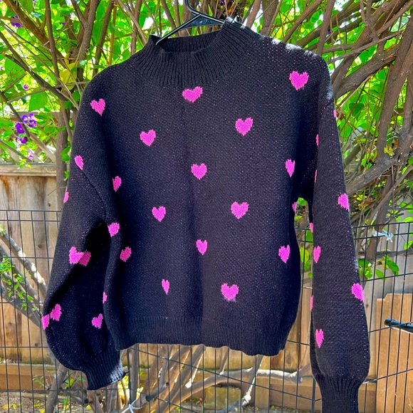 Heart Pattern Mock Neck Drop Shoulder Sweater - Picture 3 of 12